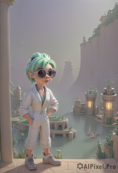 1girl,solo,smile,short hair,shirt,1boy,standing,collarbone,jacket,full body,flower,outdoors,green hair,shoes,belt,pants,water,sunglasses,white footwear,plant,sneakers,sleeves rolled up,lantern,white pants,hands in pockets,green shirt,jumpsuit,lily pad,pond,looking at viewer,green eyes,parted lips,hair bun,shadow,single hair bun,aged down,hands on hips,labcoat