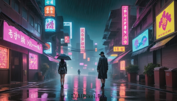 1girl, short hair, black hair, 1boy, holding, standing, jacket, boots, outdoors, bag, black footwear, night, umbrella, plant, building, scenery, reflection, walking, rain, holding umbrella, city, sign, potted plant, road, street, neon lights