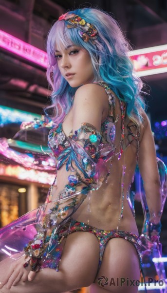 1girl,solo,long hair,breasts,looking at viewer,bangs,hair ornament,bare shoulders,brown eyes,jewelry,medium breasts,underwear,blue hair,standing,panties,swimsuit,pink hair,ass,bikini,multicolored hair,cowboy shot,looking back,from behind,blurry,bracelet,two-tone hair,lips,gradient hair,blurry background,back,ring,armlet,freckles,thong,realistic,neon lights,purple hair,hairband,outdoors,night,watermark,ground vehicle,web address,motor vehicle,car,thong bikini,cyberpunk