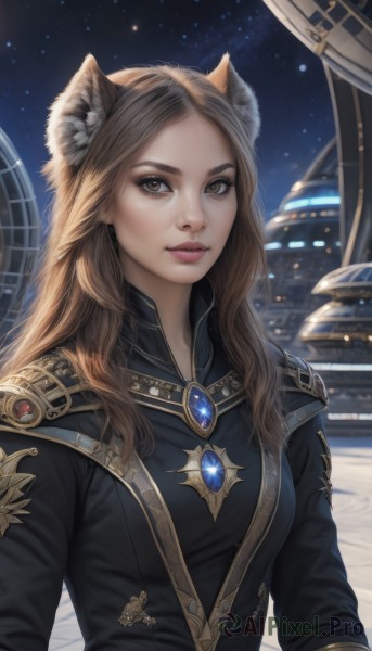 1girl,solo,long hair,breasts,looking at viewer,brown hair,long sleeves,animal ears,brown eyes,jewelry,closed mouth,upper body,sky,cat ears,lips,animal ear fluff,night,brooch,gem,star (sky),night sky,starry sky,freckles,realistic,nose,outdoors,parted lips,artist name,signature