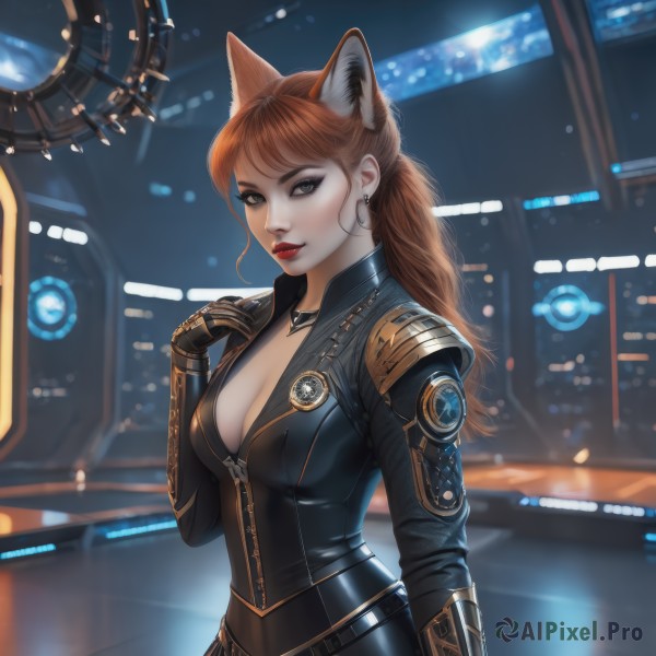 1girl,solo,long hair,breasts,looking at viewer,smile,bangs,large breasts,brown hair,gloves,animal ears,cleavage,jewelry,medium breasts,earrings,parted lips,artist name,cat ears,hand up,necklace,blurry,lips,grey eyes,fox ears,bodysuit,makeup,lipstick,extra ears,zipper,science fiction,hoop earrings,black bodysuit,red lips,closed mouth,jacket,upper body,ponytail,red hair,signature,orange hair,armor,eyelashes,blurry background,fox girl,realistic,mechanical arms,leather,single mechanical arm,leather jacket,partially unzipped,cyberpunk