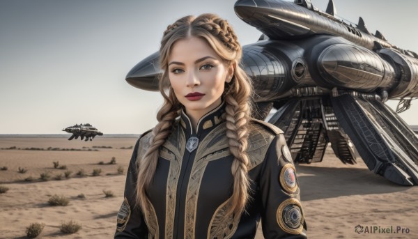 1girl,solo,long hair,looking at viewer,blonde hair,brown hair,brown eyes,jewelry,closed mouth,upper body,braid,earrings,outdoors,uniform,twin braids,lips,military,military uniform,makeup,lipstick,hair over shoulder,science fiction,realistic,aircraft,military vehicle,red lips,airplane,vehicle focus,spacecraft,desert,jet,fighter jet,day,alien