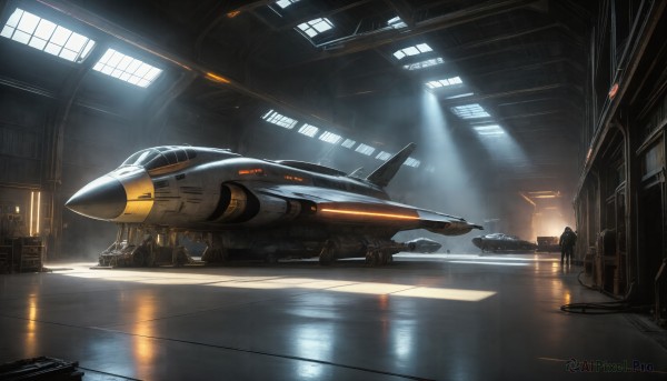 HQ,indoors,signature,water,military,no humans,window,sunlight,scenery,reflection,science fiction,light rays,realistic,aircraft,military vehicle,airplane,light,vehicle focus,spacecraft,hallway,lights,jet,cockpit,fighter jet,flying,cable