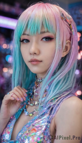 1girl,solo,long hair,breasts,looking at viewer,bangs,hair ornament,cleavage,bare shoulders,jewelry,blue hair,upper body,pink hair,multicolored hair,parted lips,teeth,sleeveless,choker,hairclip,hand up,necklace,nail polish,blurry,black eyes,two-tone hair,lips,fingernails,looking to the side,grey eyes,eyelashes,aqua hair,gradient hair,makeup,blurry background,ring,pink nails,realistic,nose,dress,artist name,blunt bangs,depth of field,watermark,gem,lens flare,eyeshadow,pink lips,glint,eyeliner,bokeh,mascara,nail art