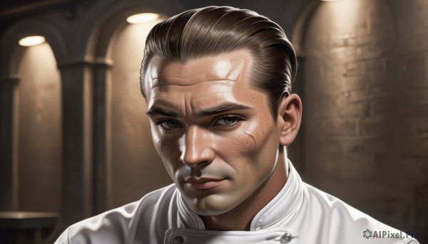 solo,looking at viewer,short hair,brown hair,black hair,1boy,brown eyes,closed mouth,male focus,indoors,blurry,black eyes,lips,buttons,blurry background,scar,portrait,forehead,freckles,realistic,hair slicked back,chef,scar on face