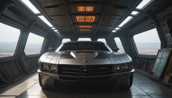 sky,no humans,window,ground vehicle,scenery,motor vehicle,reflection,car,vehicle focus,car interior,wheel,sports car,steering wheel,seat,indoors,shadow,science fiction