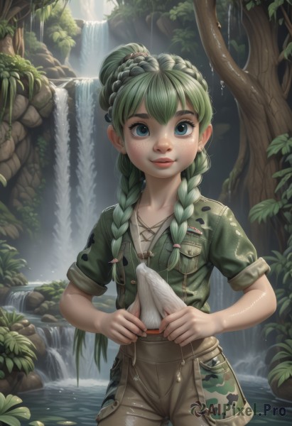 1girl,solo,long hair,looking at viewer,smile,bangs,blue eyes,shirt,holding,closed mouth,standing,collarbone,braid,short sleeves,cowboy shot,outdoors,green hair,shorts,day,pants,artist name,water,hair bun,twin braids,tree,lips,wet,eyelashes,watermark,sunlight,feathers,plant,nature,hair over shoulder,web address,wading,forest,freckles,pocket,green shirt,breast pocket,brown shorts,river,waterfall,stream,wringing clothes,leaf,thick eyebrows,rock