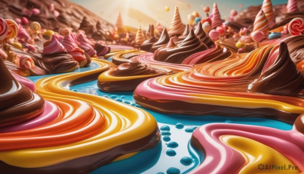 outdoors,food,blurry,no humans,blurry background,candy,scenery,cake,sunset,lollipop,chocolate,ice cream,food focus,macaron,still life,sweets,dessert,heart,valentine,realistic,heart-shaped chocolate,chocolate bar,icing