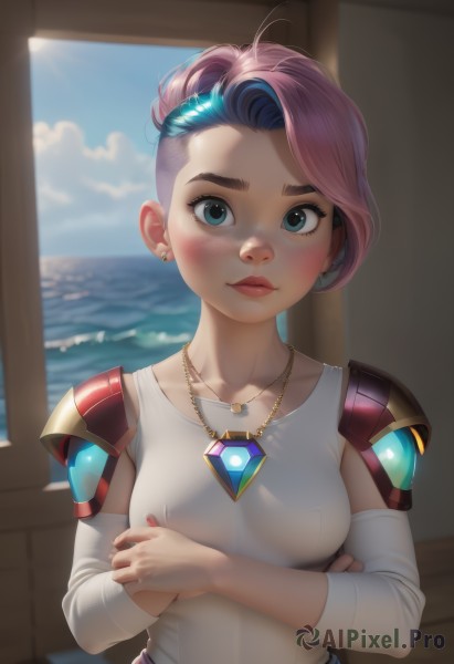 1girl,solo,breasts,looking at viewer,blush,short hair,blue eyes,shirt,jewelry,medium breasts,closed mouth,blue hair,collarbone,white shirt,upper body,pink hair,multicolored hair,earrings,detached sleeves,sky,day,artist name,cloud,indoors,necklace,nail polish,armor,blurry,two-tone hair,lips,eyelashes,makeup,blurry background,ocean,piercing,crossed arms,lipstick,shoulder armor,gem,red nails,pendant,white sleeves,pauldrons,asymmetrical hair,nose,stud earrings,shoulder pads,single sleeve,mascara,long sleeves,outdoors,water,thick eyebrows,web address,freckles,realistic,undercut,mohawk