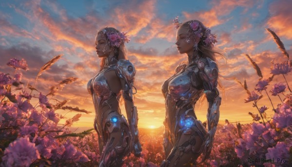 long hair, breasts, multiple girls, hair ornament, 2girls, medium breasts, closed eyes, flower, outdoors, sky, cloud, hair flower, dark skin, from side, dark-skinned female, profile, scenery, backlighting, sunset, android, cyborg