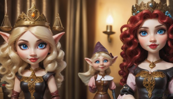 long hair,breasts,looking at viewer,smile,blue eyes,multiple girls,blonde hair,gloves,hat,dress,2girls,jewelry,upper body,red hair,pointy ears,elbow gloves,3girls,necklace,blurry,lips,makeup,witch hat,blurry background,wavy hair,tiara,crown,lipstick,sisters,freckles,curly hair,red lips,candle,blush,bangs,hair ornament,long sleeves,bare shoulders,medium breasts,closed mouth,small breasts,wings,puffy sleeves,armor,black dress,parted bangs,eyelashes,depth of field,gem,fairy wings,brown dress,fairy,purple headwear