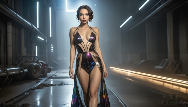 HQ,1girl,solo,breasts,looking at viewer,short hair,black hair,dress,cleavage,bare shoulders,brown eyes,jewelry,medium breasts,closed mouth,standing,collarbone,earrings,indoors,dark skin,black eyes,black dress,leotard,dark-skinned female,lips,makeup,feet out of frame,lipstick,black leotard,breasts apart,forehead,reflection,science fiction,realistic,arms at sides,black one-piece swimsuit,very dark skin,plunging neckline,blue eyes,large breasts,brown hair,bag,bare arms,no bra,ground vehicle,motor vehicle,walking,nose,car,cocktail dress