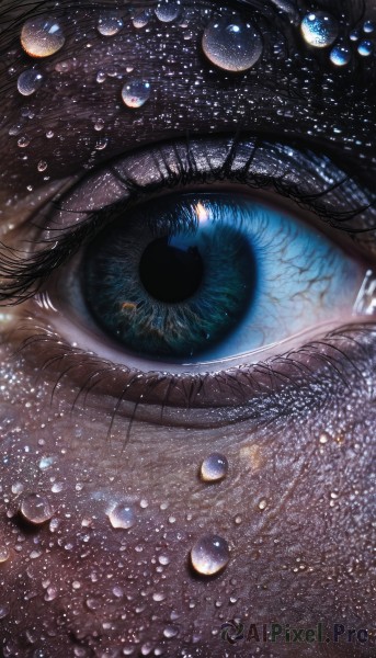 1girl,solo,looking at viewer,bangs,blue eyes,water,eyelashes,star (sky),light particles,close-up,1other,reflection,bubble,water drop,air bubble,eye focus,black hair,sky,moon,space,planet,earth (planet)