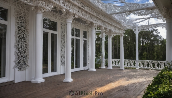 outdoors,sky,day,cloud,indoors,tree,blue sky,no humans,window,sunlight,plant,nature,scenery,forest,stairs,bush,architecture,pillar,arch,column