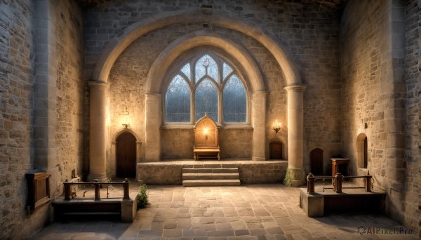 HQ,indoors,no humans,window,night,chair,table,sunlight,plant,scenery,light rays,stairs,door,potted plant,light,candle,pillar,church,arch,candlestand,fantasy,bench,wall,architecture,brick wall,statue,column,fireplace,brick,stone stairs