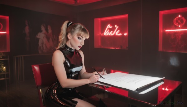 1girl,solo,long hair,breasts,bangs,blonde hair,dress,holding,bare shoulders,sitting,ponytail,sleeveless,indoors,blunt bangs,black dress,lips,makeup,sleeveless dress,chair,short dress,lipstick,red lips,pen,latex,drawing,holding pen,stylus,looking at viewer,blush,blue eyes,skirt,closed mouth,collar,realistic,pencil,monitor,writing,drawing tablet,holding pencil,holding stylus