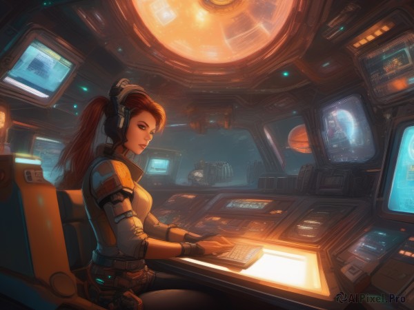 1girl,solo,long hair,breasts,looking at viewer,brown hair,gloves,brown eyes,medium breasts,sitting,ponytail,parted lips,black gloves,indoors,fingerless gloves,armor,lips,bodysuit,headgear,headphones,chair,headset,freckles,science fiction,realistic,nose,computer,monitor,laptop,spacecraft,tablet pc,cyberpunk,cockpit,screen,holographic interface,hologram,red hair,window