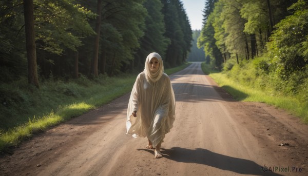 solo,looking at viewer,1boy,male focus,outdoors,day,hood,tree,shadow,sandals,grass,nature,scenery,cloak,hood up,forest,walking,robe,road,bush,statue,path,1girl,barefoot,realistic,ghost costume