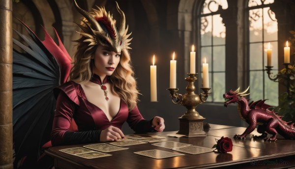 1girl,solo,long hair,breasts,blonde hair,dress,cleavage,jewelry,medium breasts,sitting,wings,indoors,necklace,nail polish,lips,window,red dress,table,crown,plant,lipstick,red nails,dragon,candle,chess piece,candlestand,board game,flower,horns,teeth,makeup,rose,helmet,fire,paper,letter