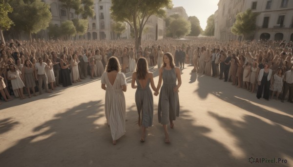 long hair,short hair,multiple girls,brown hair,dress,outdoors,multiple boys,sleeveless,day,white dress,tree,sleeveless dress,shadow,holding hands,6+girls,sandals,sunlight,building,walking,6+boys,city,backless outfit,road,backless dress,street,crowd,people,black hair,from behind,scenery