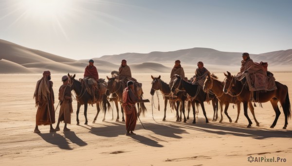 long hair,weapon,male focus,outdoors,multiple boys,sky,day,sword,cape,armor,shadow,animal,6+boys,mountain,sand,sun,riding,horse,desert,horseback riding,6+others,multiple girls,boots,hood,sunlight,helmet,scenery,cloak,mountainous horizon,soldier