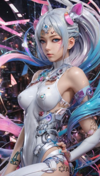 1girl,solo,long hair,breasts,looking at viewer,bangs,blue eyes,hair ornament,thighhighs,gloves,bare shoulders,jewelry,medium breasts,very long hair,closed mouth,blue hair,ponytail,white hair,multicolored hair,cowboy shot,earrings,parted lips,elbow gloves,shiny,fingerless gloves,armpits,nail polish,blurry,two-tone hair,leotard,lips,hand on hip,clothing cutout,eyelashes,bodysuit,covered navel,gradient hair,makeup,headgear,facial mark,bridal gauntlets,skin tight,armlet,science fiction,impossible clothes,nose,white leotard,stud earrings,mascara,twintails,standing,upper body,pink hair,grey hair,sidelocks,artist name,bracelet,from side,parted bangs,expressionless,piercing,cleavage cutout,pink nails,arm at side,pink lips,forehead mark,realistic,cable,grey leotard