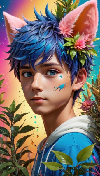 solo,looking at viewer,short hair,bangs,blue eyes,hair ornament,1boy,animal ears,closed mouth,blue hair,upper body,flower,male focus,outdoors,artist name,cat ears,hair flower,hood,lips,eyelashes,hoodie,leaf,watermark,facial mark,hood down,plant,portrait,extra ears,freckles,realistic,nose,facepaint,blue hoodie,sky,from side,sunlight,thick eyebrows,blue shirt,star (sky),web address,light particles,pink flower,orange background,drawstring,multicolored background,paint splatter,paint