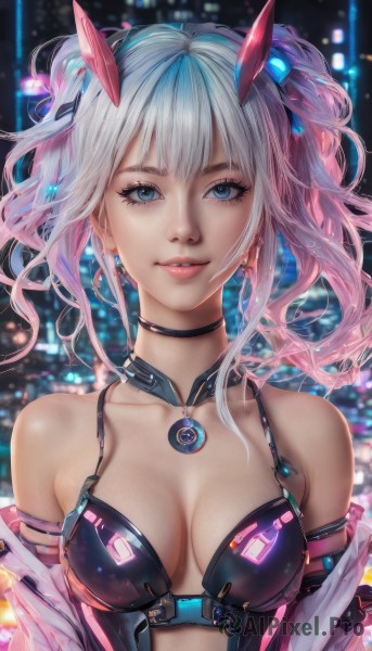 1girl,solo,long hair,breasts,looking at viewer,smile,bangs,blue eyes,hair ornament,cleavage,bare shoulders,twintails,jewelry,medium breasts,blue hair,collarbone,jacket,upper body,pink hair,white hair,sidelocks,multicolored hair,earrings,parted lips,open clothes,horns,choker,shiny,artist name,signature,necklace,off shoulder,blurry,two-tone hair,open jacket,lips,eyelashes,gradient hair,makeup,blurry background,black choker,breasts apart,pink lips,realistic,nose,city lights,detached collar,headgear,science fiction