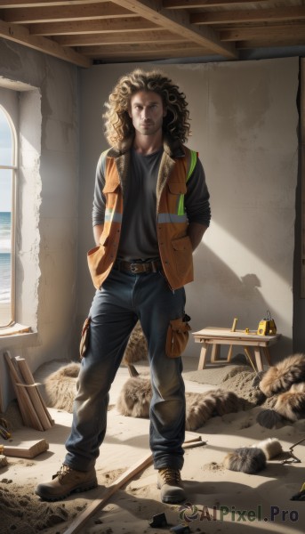 solo,long hair,looking at viewer,brown hair,shirt,gloves,1boy,brown eyes,standing,jacket,full body,weapon,male focus,boots,open clothes,belt,pants,dark skin,vest,lips,gun,black shirt,shadow,facial hair,arms behind back,dark-skinned male,denim,curly hair,jeans,realistic,hands in pockets,open vest,dreadlocks,afro,closed mouth,shoes,day,artist name,indoors,black footwear,open jacket,black jacket,window,watermark,chair,brown footwear,black pants,table,sunlight,backpack,buckle,brown jacket,rock,belt buckle,blue pants,brown belt,brown shirt,shell