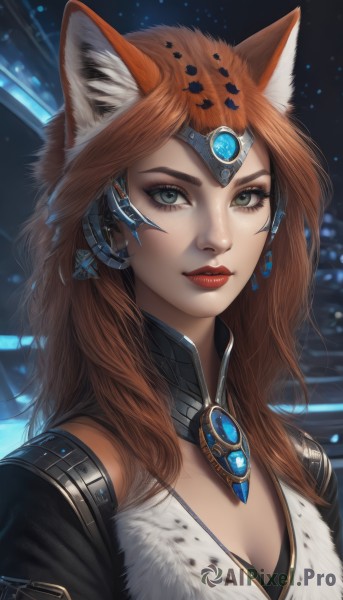 1girl,solo,long hair,breasts,looking at viewer,brown hair,animal ears,cleavage,jewelry,medium breasts,green eyes,upper body,parted lips,artist name,cat ears,orange hair,lips,animal ear fluff,grey eyes,fox ears,eyelashes,makeup,lipstick,gem,portrait,eyeshadow,freckles,red lips,blue eyes,earrings,signature,necklace,headgear,realistic,nose