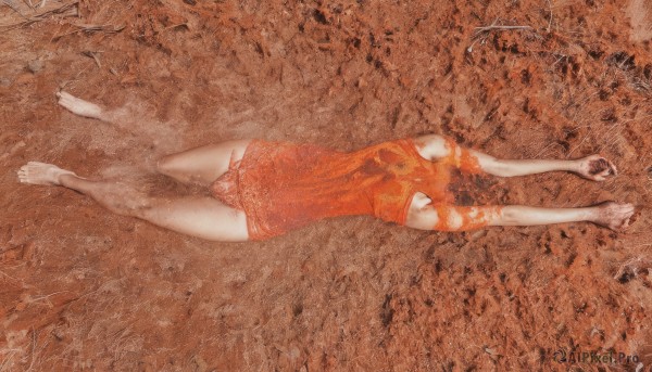 1girl,solo,long hair,breasts,dress,underwear,panties,lying,barefoot,on back,arms up,bare legs,traditional media,red dress,painting (medium),sepia,surreal,short hair,bare shoulders,monochrome,swimsuit,armpits,one-piece swimsuit,blood,from above,outstretched arms,spread arms,on ground,red theme,death,guro,orange theme,texture