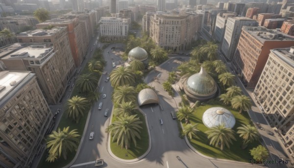 outdoors,day,tree,no humans,window,from above,sunlight,plant,ground vehicle,building,scenery,motor vehicle,city,car,road,cityscape,street,skyscraper,shadow