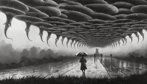 1girl,1boy,holding,standing,monochrome,greyscale,outdoors,sky,cloud,water,from behind,umbrella,cloudy sky,grass,scenery,1other,walking,rain,monster,holding umbrella,puddle,horror (theme),eldritch abomination,dragon,lake