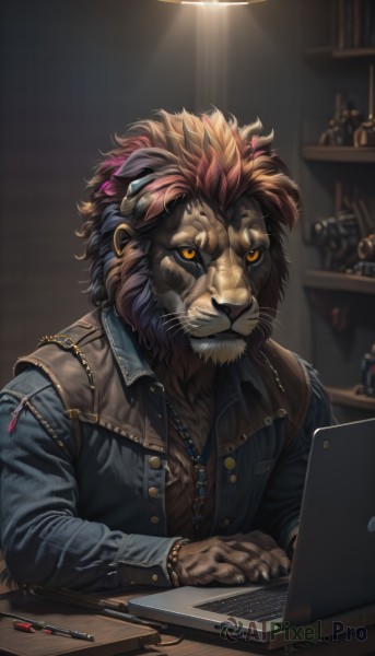 solo,brown hair,shirt,long sleeves,1boy,jewelry,sitting,jacket,yellow eyes,upper body,male focus,red hair,multicolored hair,open clothes,indoors,necklace,bracelet,black jacket,orange eyes,facial hair,table,beard,furry,colored sclera,lamp,furry male,computer,leather,laptop,yellow sclera,whiskers,leather jacket,brown fur,mohawk,lion,lion boy,looking at viewer,short hair,animal ears,closed mouth,pink hair,artist name,signature,blurry,open jacket,blurry background,scar,bottle,blue jacket,scar on face,realistic,scar across eye,snout,denim jacket