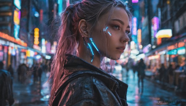 1girl, solo, long hair, blue eyes, jewelry, jacket, upper body, ponytail, pink hair, earrings, outdoors, parted lips, blurry, from side, lips, black jacket, night, depth of field, blurry background, science fiction, rain, city, realistic, nose, earphones, city lights, cyberpunk, neon lights