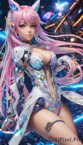 1girl,solo,long hair,breasts,looking at viewer,bangs,blue eyes,large breasts,hair ornament,gloves,navel,animal ears,cleavage,medium breasts,very long hair,pink hair,thighs,cowboy shot,parted lips,elbow gloves,artist name,fingerless gloves,nail polish,leotard,lips,clothing cutout,thigh strap,headgear,science fiction,white leotard,center opening,navel cutout,closed mouth,standing,armor,fake animal ears,realistic