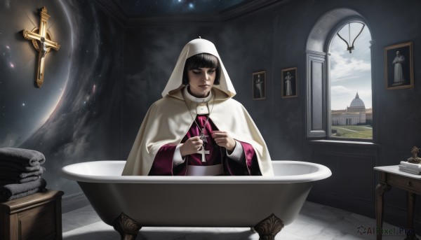 solo,short hair,black hair,long sleeves,1boy,holding,jewelry,male focus,sky,cloud,indoors,hood,necklace,cape,black eyes,cup,window,facial hair,table,cross,cloak,robe,realistic,nun,candle,cross necklace,hooded cloak,bathtub,church,candlestand,priest,hourglass,chalice,1girl,ring,habit