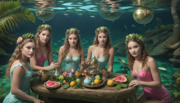 long hair,breasts,looking at viewer,smile,multiple girls,blonde hair,brown hair,hair ornament,dress,cleavage,bare shoulders,brown eyes,jewelry,medium breasts,sitting,closed mouth,collarbone,braid,flower,small breasts,parted lips,food,sleeveless,hair flower,water,tree,cup,lips,strapless,4girls,makeup,fruit,sleeveless dress,blue dress,leaf,wavy hair,table,bottle,5girls,plant,lipstick,pink dress,nature,strapless dress,camisole,plate,fish,bubble,underwater,realistic,nose,basket,red lips,spaghetti strap,air bubble,teapot,head wreath,mushroom,grapes,lemon,lily pad,tablecloth,swimsuit,one-piece swimsuit,palm tree,swimming,pineapple