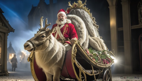 HQ,long sleeves,1boy,hat,white hair,male focus,outdoors,sky,fur trim,night,facial hair,animal,crown,christmas,red headwear,beard,mustache,riding,architecture,old,horse,old man,horseback riding,arch,reindeer,reins,saddle,gloves,food,multiple boys,santa hat,santa costume,antlers