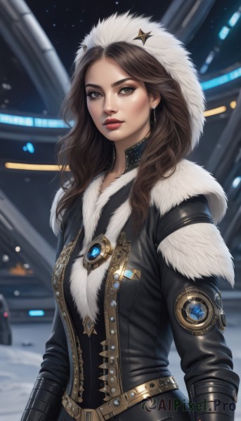 1girl,solo,long hair,breasts,looking at viewer,brown hair,hat,brown eyes,jewelry,closed mouth,earrings,belt,hood,blurry,lips,coat,fur trim,makeup,blurry background,wavy hair,gem,snow,hood up,snowing,realistic,nose,winter clothes,red lips,leather,fur hat,fur-trimmed hood,parka,medium breasts,jacket,upper body,star (symbol),lipstick,science fiction