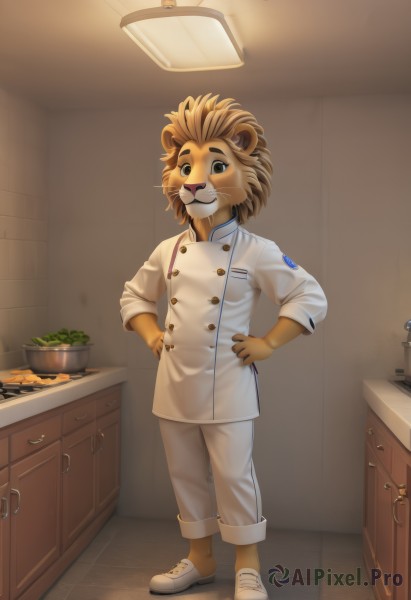 solo,looking at viewer,smile,brown hair,1boy,standing,full body,male focus,food,shoes,pants,indoors,buttons,white footwear,plant,furry,sleeves rolled up,hands on hips,white pants,potted plant,lamp,furry male,male child,kitchen,brown fur,sink,drawer,chef,long sleeves,animal ears,brown eyes,artist name,uniform,black eyes,watermark,tiles,double-breasted,lion ears,chef hat,counter,cabinet,stove