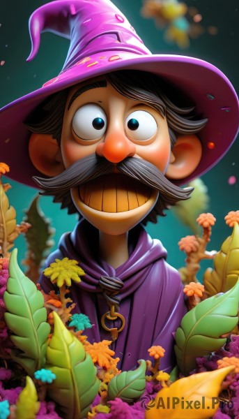 solo,looking at viewer,smile,short hair,open mouth,blue eyes,brown hair,black hair,1boy,hat,upper body,flower,male focus,outdoors,teeth,signature,grin,blurry,black eyes,tree,witch hat,blurry background,facial hair,leaf,plant,wide-eyed,mustache,purple headwear,wizard hat,purple cape,wizard,cape,robe