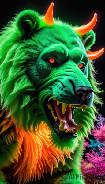 solo,looking at viewer,open mouth,red eyes,horns,teeth,tongue,tongue out,orange eyes,no humans,fangs,sharp teeth,black background,colored sclera,artist name,tree,animal,watermark,cherry blossoms,web address,realistic,tusks,lion