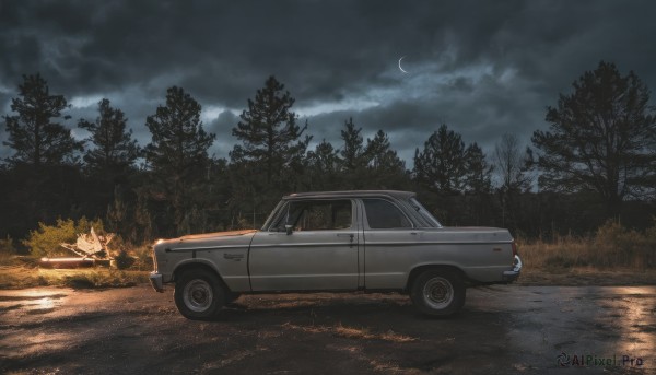 outdoors,sky,cloud,tree,no humans,night,moon,cloudy sky,grass,ground vehicle,nature,night sky,scenery,motor vehicle,forest,car,road,bush,crescent moon,vehicle focus,sports car,water,reflection