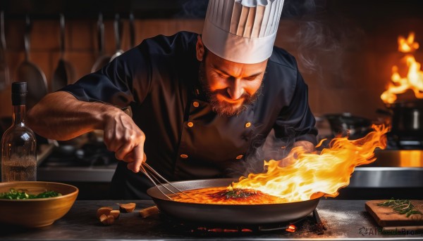 solo,1boy,hat,holding,closed eyes,upper body,male focus,food,indoors,blurry,buttons,blurry background,facial hair,white headwear,bottle,fire,beard,sleeves rolled up,mustache,cooking,meat,kitchen,frying pan,chef hat,chef,steak,short hair,black hair,apron,facing viewer,alcohol,smoke,bowl,realistic,manly,arm hair,burning,onion