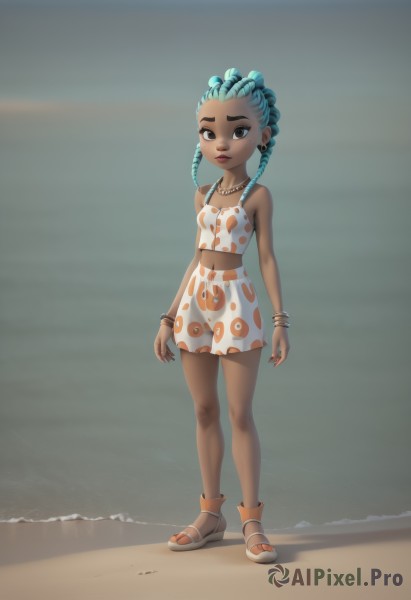 1girl,solo,breasts,looking at viewer,skirt,navel,bare shoulders,brown eyes,jewelry,closed mouth,blue hair,standing,full body,braid,earrings,small breasts,outdoors,sleeveless,day,midriff,artist name,dark skin,water,necklace,nail polish,blurry,black eyes,high heels,bracelet,dark-skinned female,lips,crop top,fingernails,aqua hair,makeup,toes,blurry background,ocean,beach,piercing,sandals,white footwear,ring,forehead,toenails,hoop earrings,sand,arms at sides,platform footwear,very dark skin,dreadlocks,long hair,multicolored hair,green hair,shorts,two-tone hair,facial mark,tank top