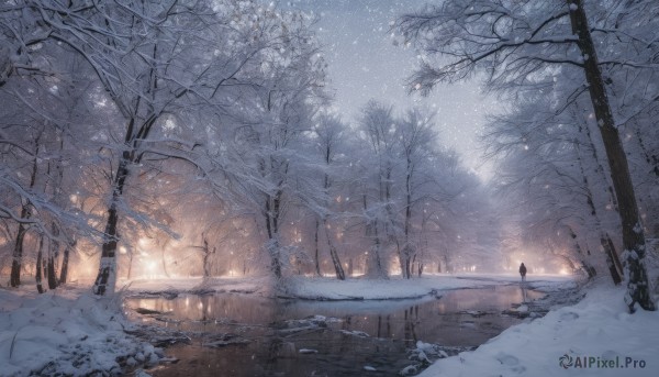 1girl, solo, standing, outdoors, tree, dutch angle, scenery, snow, snowing, winter, bare tree, footprints