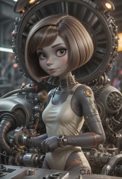 1girl,solo,breasts,looking at viewer,smile,short hair,bangs,brown hair,gloves,brown eyes,closed mouth,small breasts,artist name,blurry,lips,bodysuit,depth of field,blurry background,bob cut,robot,freckles,science fiction,watch,cyborg,steampunk,blush,upper body,eyelashes,makeup,swept bangs,nose,joints,gears,screw