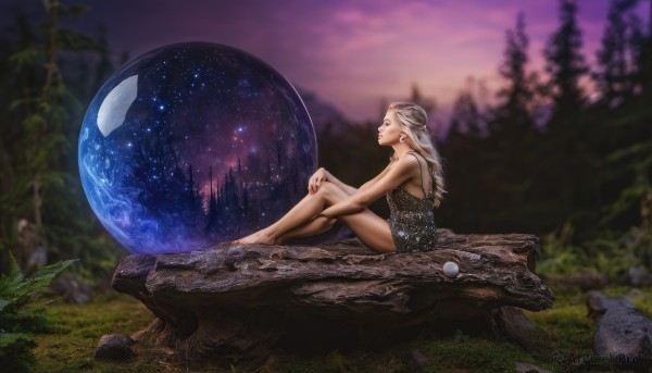 1girl,solo,long hair,dress,bare shoulders,jewelry,sitting,braid,white hair,grey hair,earrings,outdoors,sky,barefoot,pointy ears,nail polish,blurry,black dress,from side,tree,lips,bare legs,profile,night,depth of field,blurry background,grass,looking up,plant,elf,star (sky),nature,night sky,scenery,red nails,forest,starry sky,knee up,toenails,rock,fantasy,hand on own knee,planet,orb,blonde hair,moon,reflection,realistic,landscape