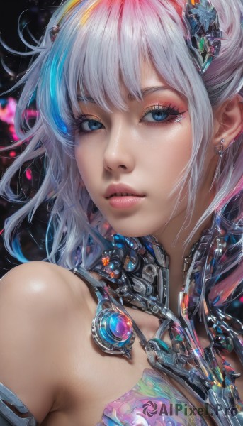 1girl,solo,breasts,looking at viewer,short hair,bangs,blue eyes,hair ornament,cleavage,bare shoulders,jewelry,medium breasts,blue hair,upper body,white hair,multicolored hair,earrings,parted lips,shiny,necklace,lips,streaked hair,eyelashes,makeup,gem,portrait,close-up,eyeshadow,science fiction,realistic,nose,pink hair,cyborg,mascara